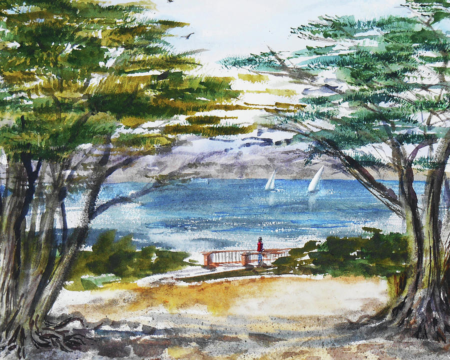 Carmel By The Sea Landscape With Two Boats And Girl On The Bridge Painting by Irina Sztukowski