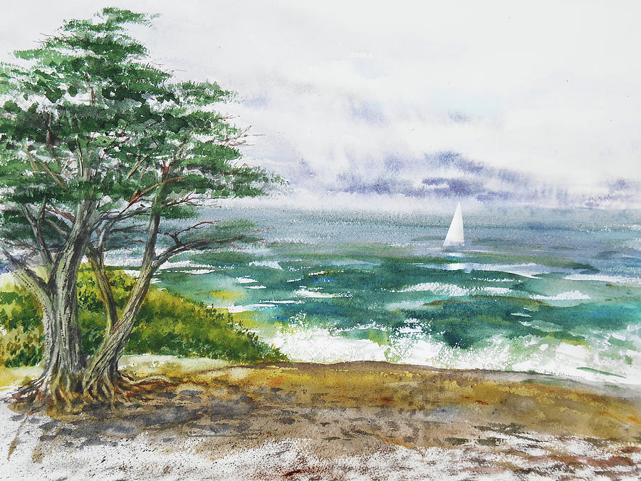 Carmel By The Sea Shore Landscape With Boat Beach And Tree Watercolor  Painting by Irina Sztukowski