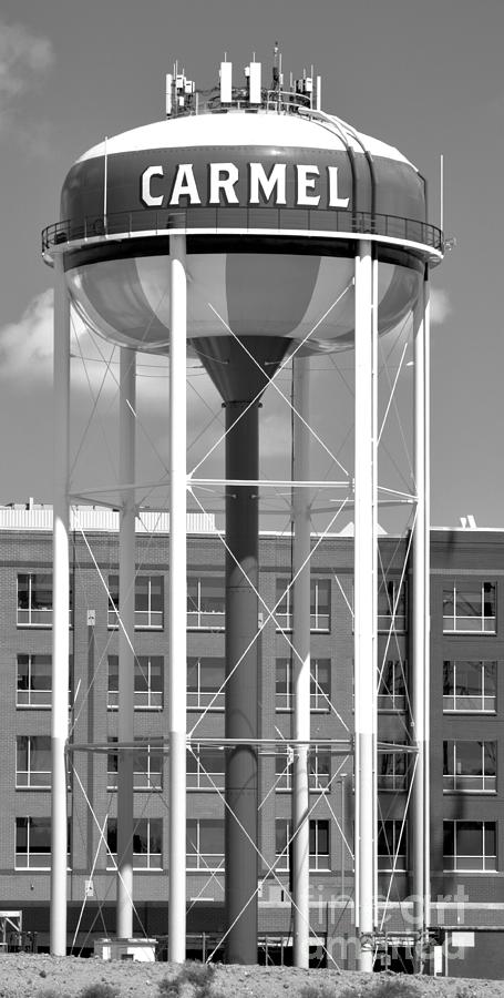 Carmel Indiana Water Tower Black And White Photograph by Adam Jewell