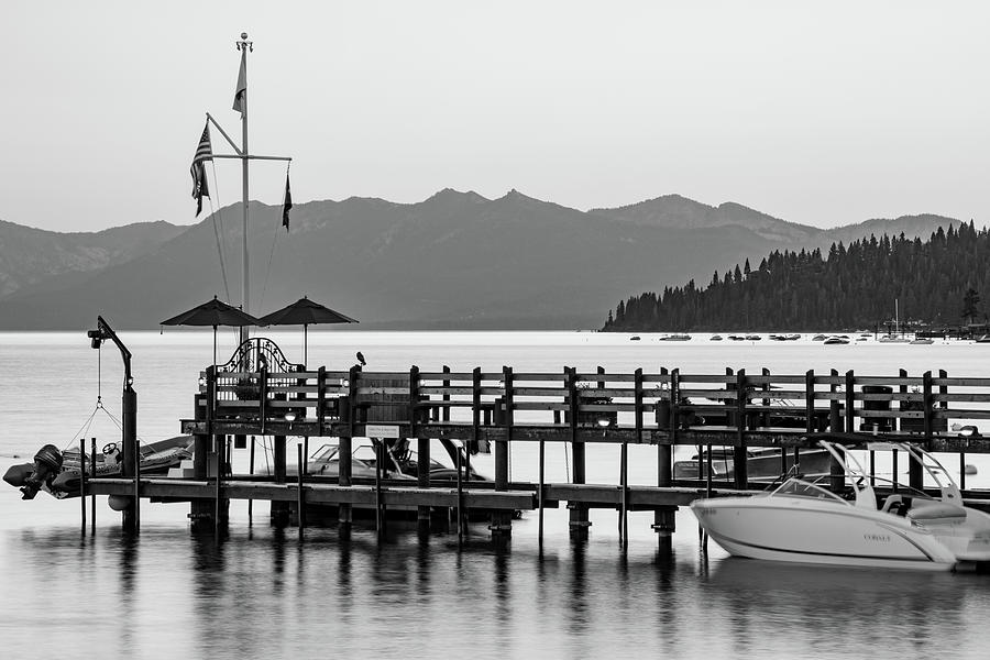 Vintage Photograph - Carnelian Bay Sunset At Gar Woods Pier In Black And White - Lake Tahoe by Gregory Ballos