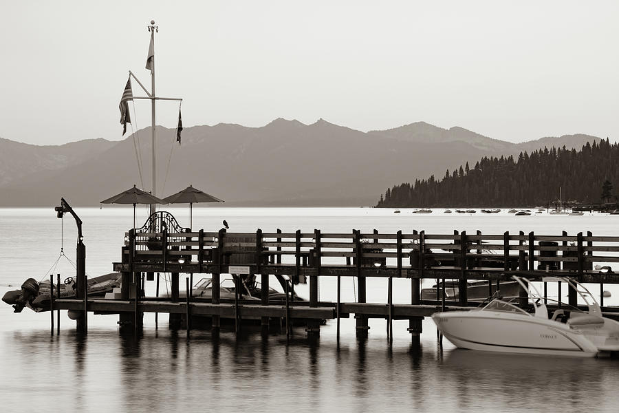 Vintage Photograph - Carnelian Bay Sunset At Gar Woods Pier In Classic Sepia - Lake Tahoe by Gregory Ballos