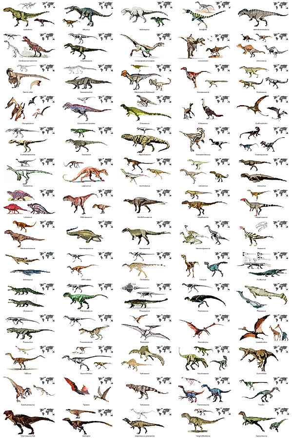 Carnivore Dinosaurs With Maps And Names Print Painting By Bailey Hill