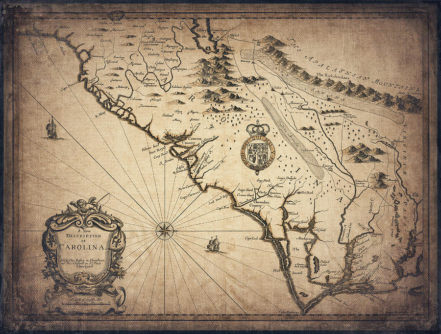 Vintage Photograph - Carolina Vintage Antique Map 1676 Sepia  by Carol Japp