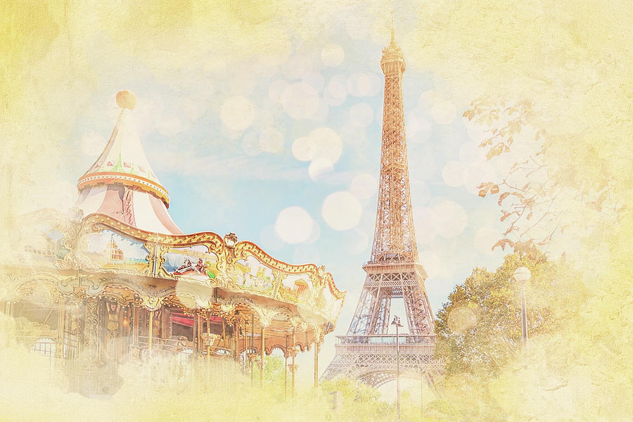 Architecture Mixed Media - Carousel and Eiffel Tower in Paris by Manjik Pictures