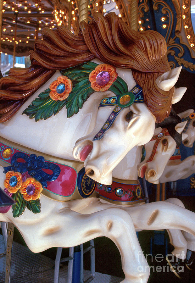 carousel horses colorful photograph - Romping Redhead Photograph by Sharon Hudson