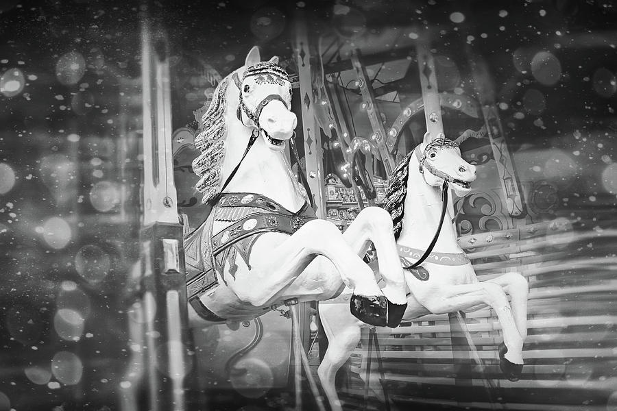 Carousel Horses Black and White  Photograph by Carol Japp