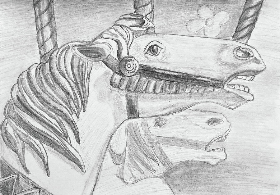 Carousel Horses Sketch 032224 Drawing by Mary Bedy