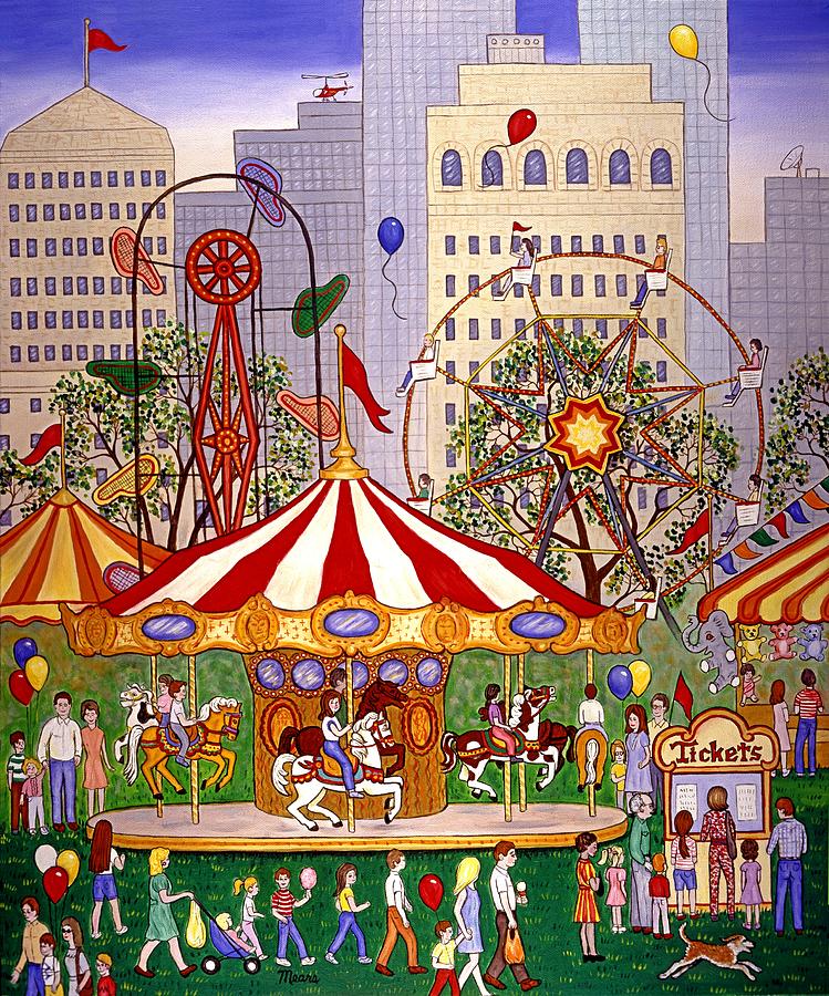 Ferris Wheel Painting - Carousel in City Park by Linda Mears
