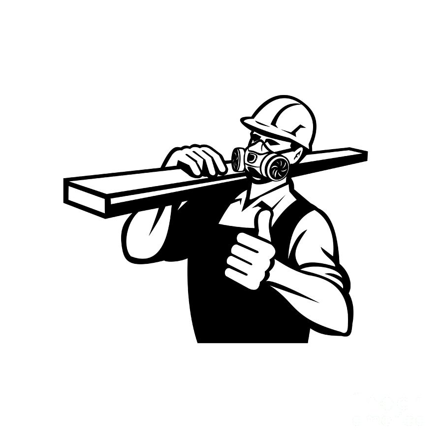 Carpenter Wearing Wearing Mask Respirator Gas Vapor Cartridges Carrying Lumber With Thumbs Retro Style Digital Art