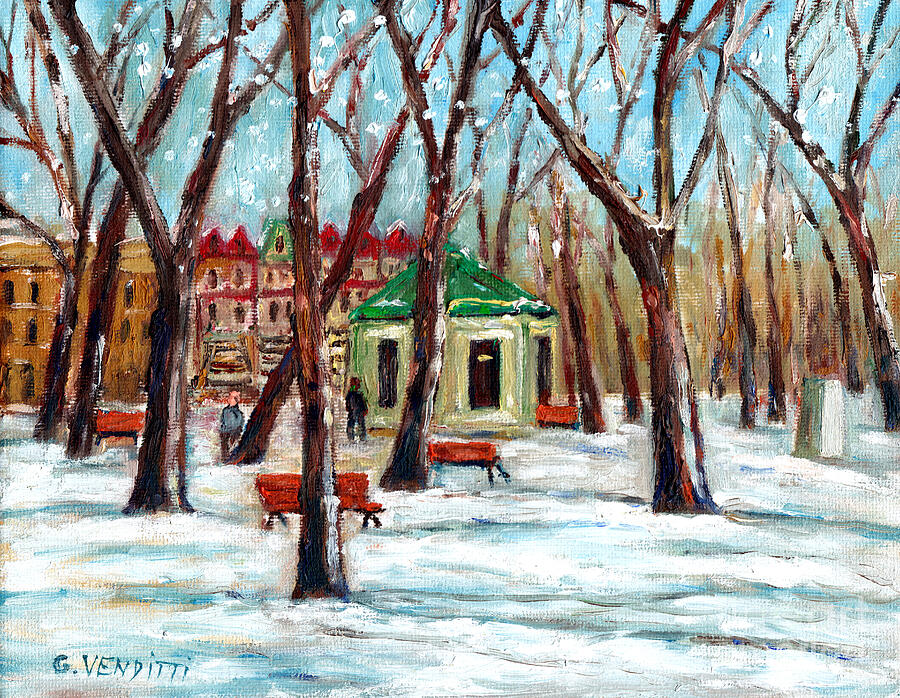 Winter Painting - Carre St Louis Montreal Downtown Park Snowy Winter Street Scene Grace Venditti Art  by Grace Venditti