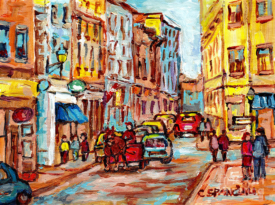 Carriage Ride Old Port Montreal Paris Style Bistros Gibbys  Nelson And Calvet House C Spandau Artist Painting by Carole Spandau