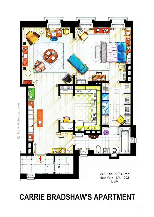 Carrie Bradshaws Apartment Floorplan Painting by Stevens Hughes - Fine ...