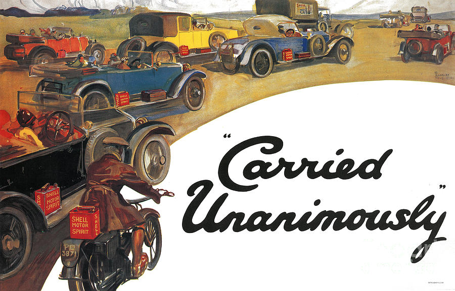 Carried Unanimously 1925 Shell Poster featuring vintage cars and motorcycle Mixed Media by D C Fouqueray