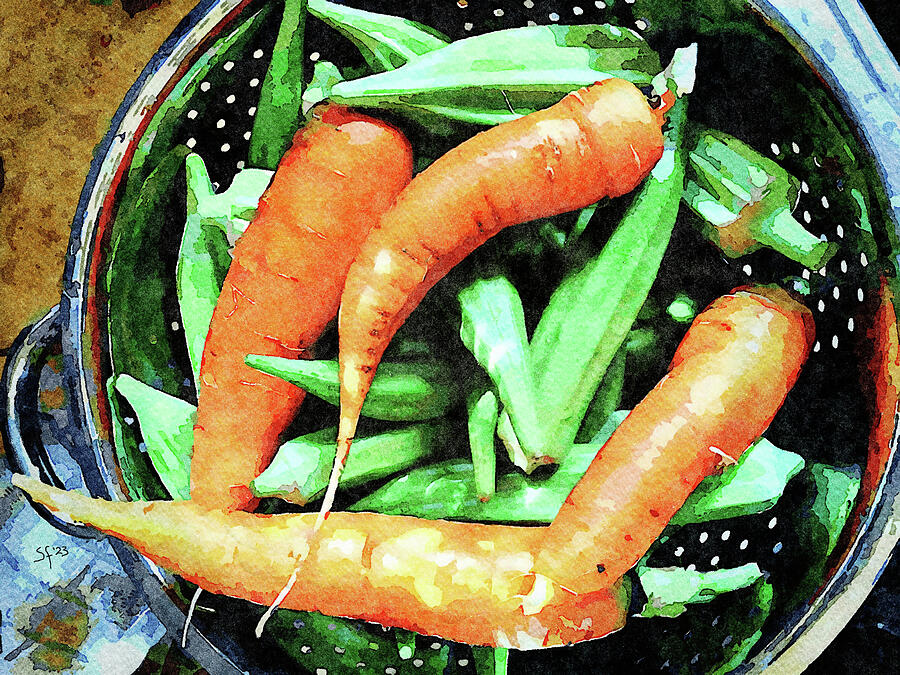 Carrots and Okra-Fresh Garden Vegetables Mixed Media by Shelli Fitzpatrick