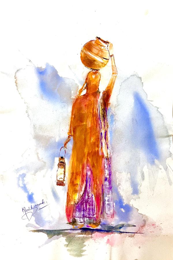 Carrying lamp and waterpot Painting by Khalid Saeed