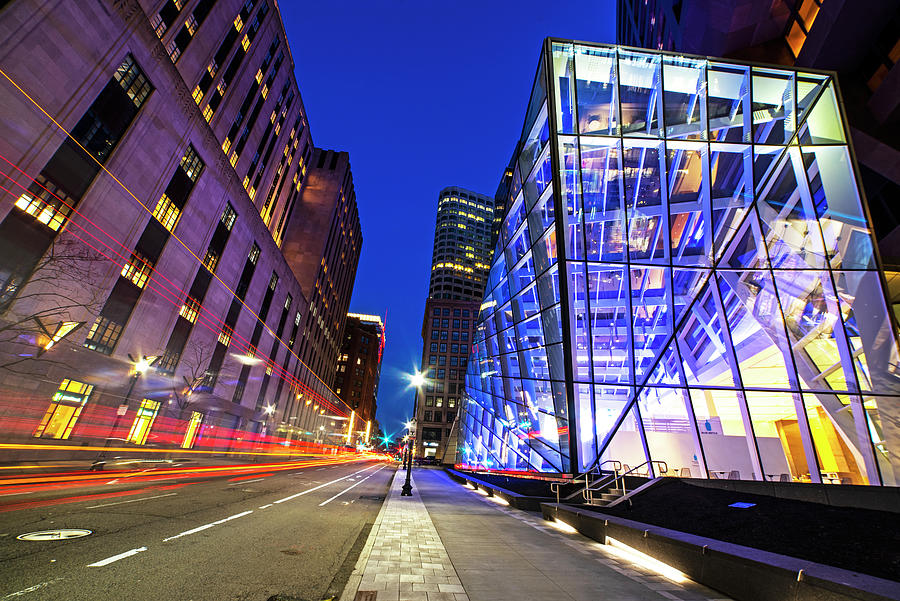 Cars going by 100 Federal Street Boston Massachusetts Blue Lighted Building Photograph by Toby McGuire