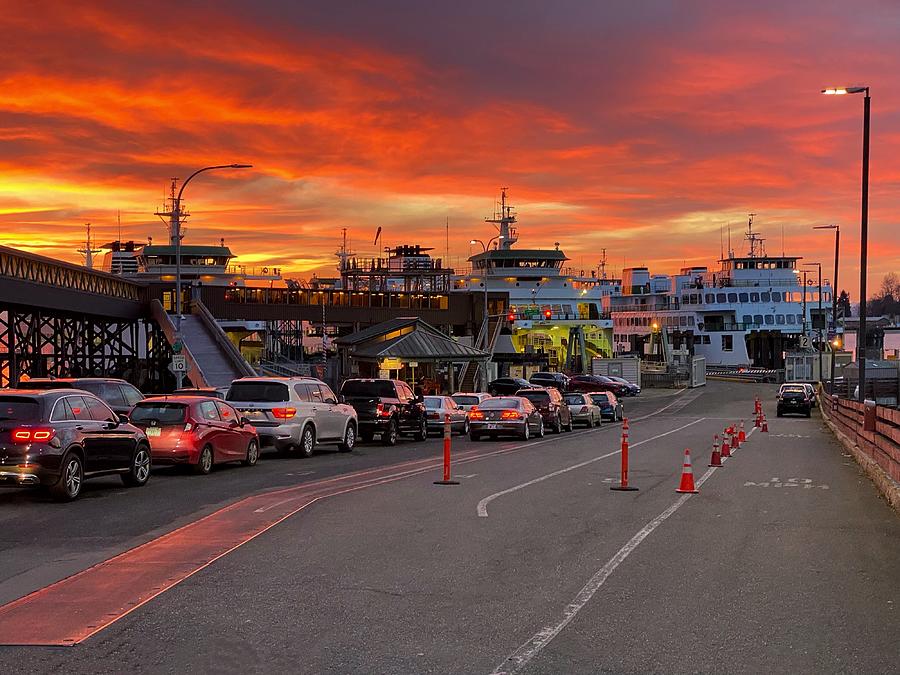 Cars Waiting in Ferry Line at Sunrise Photograph by Jerry Abbott