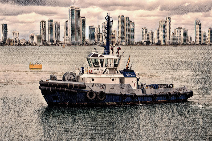 Cartagena Tugboat and Walled City Charcoal Photograph by Bill Swartwout