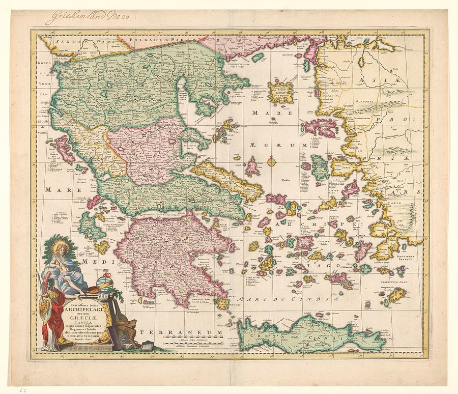 Cartography in the Netherlands, map of Greece, Nicolaes Visscher , 1650n 1700 Painting by MotionAge Designs
