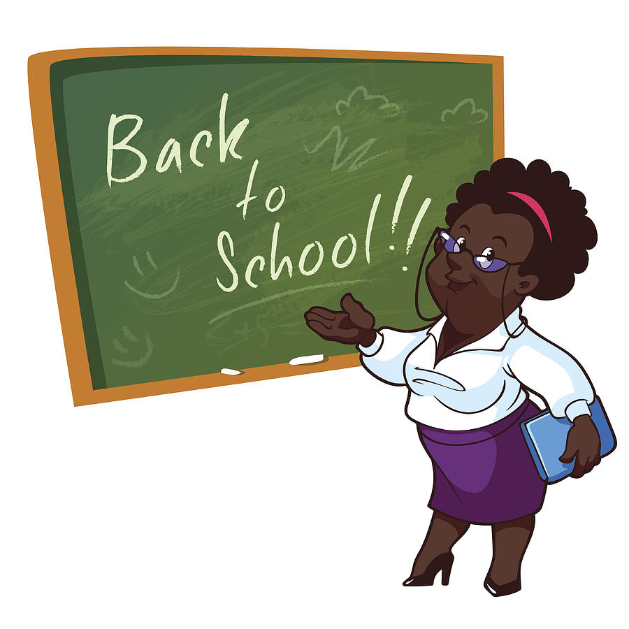Cartoon African American teacher stands near the school board Drawing by Tigrilla