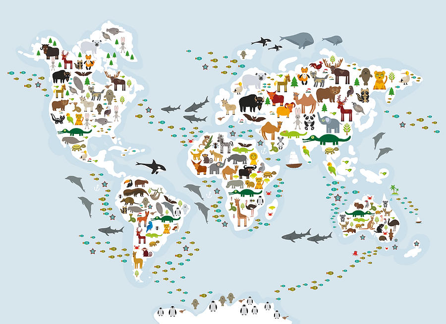 Cartoon Animal World Map For Children And Kids Painting By Murphy 