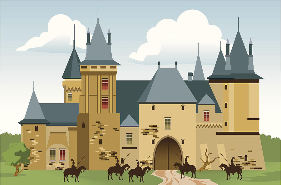 Cartoon Castle with People and Horses Outside Drawing by AdiniMalibuBarbie