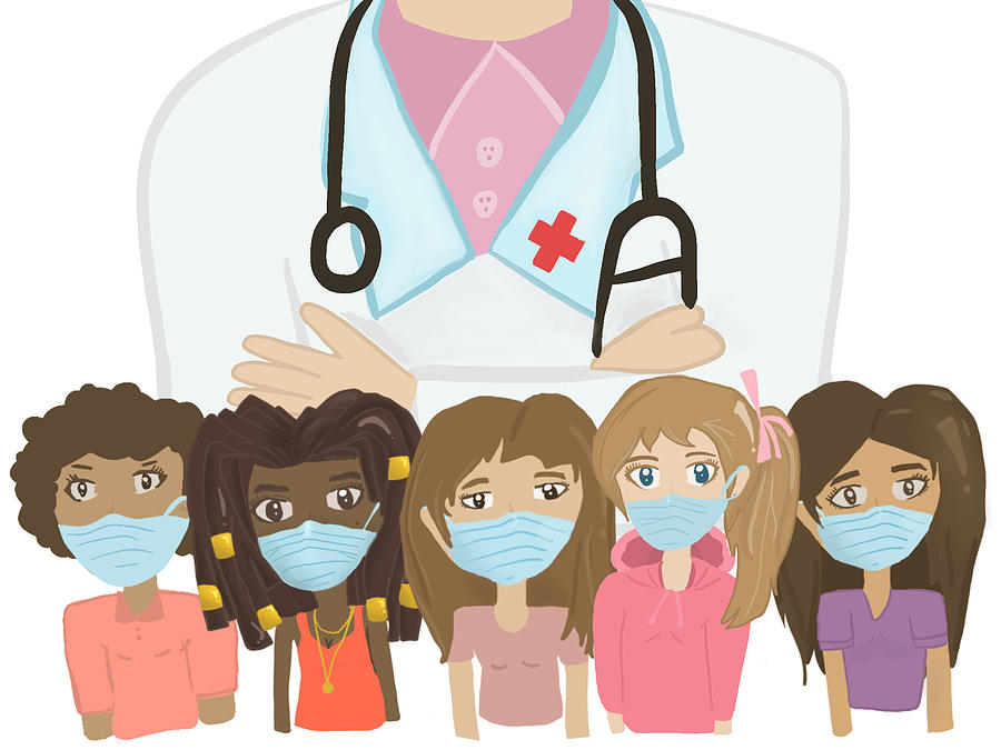 Cartoon character. Patient diversity women with surgical mask on doctor  with stethoscope background Digital Art by Chompoo Tuck - Pixels
