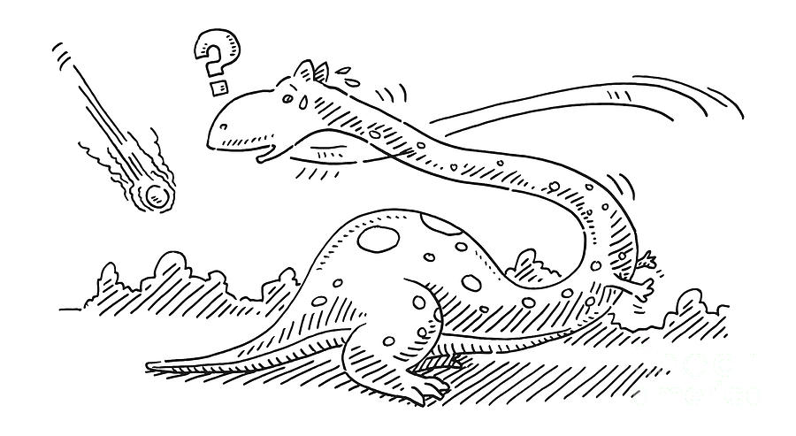 Black And White Drawing - Cartoon Dinosaur Worried About Approaching Comet Drawing by Frank Ramspott
