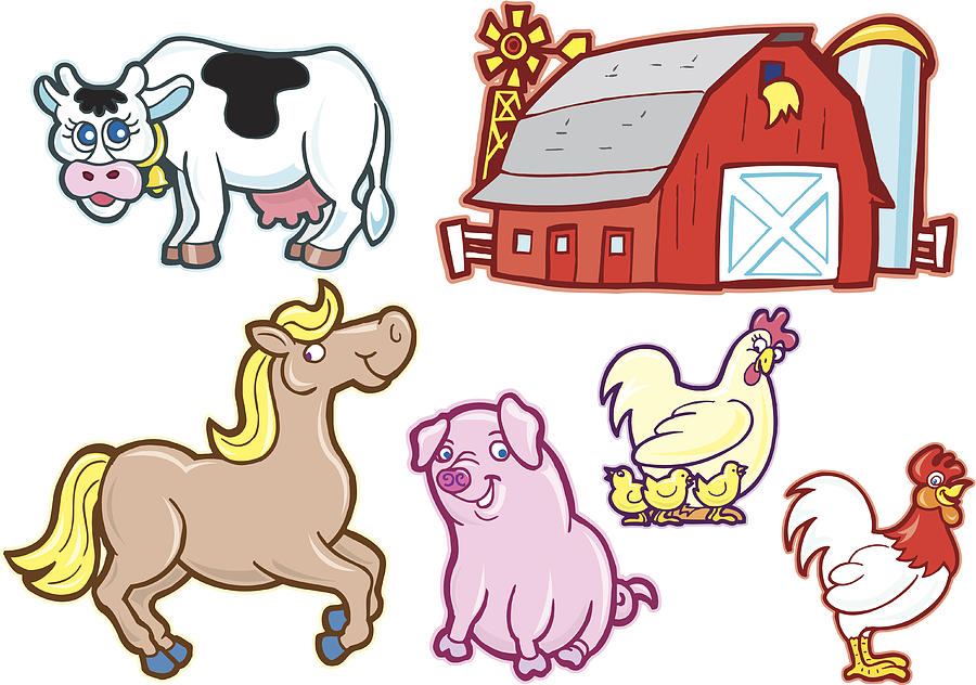 Cartoon Farm Animals - Cow, Pig, Horse, Chicken, Barn Drawing by KeithBishop
