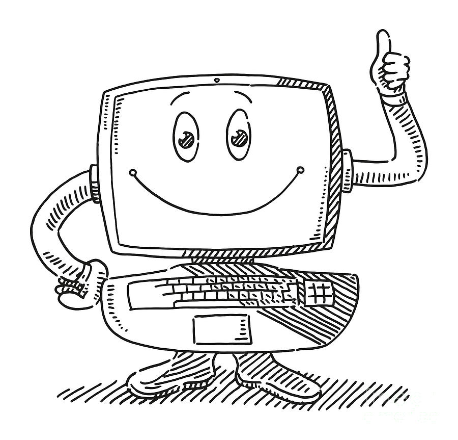Cartoon Figure Computer Thumbs Up Drawing Drawing by Frank Ramspott ...