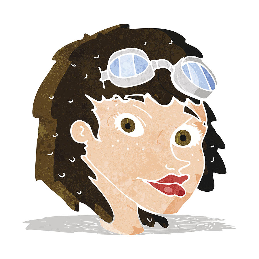 Cartoon Happy Woman Wearing Aviator Goggles Drawing by Lineartestpilot