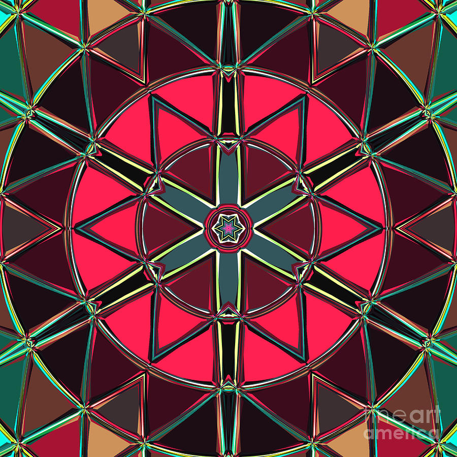 Abstract Digital Art - Cartoon Mandala Red and Green by Todd Emery