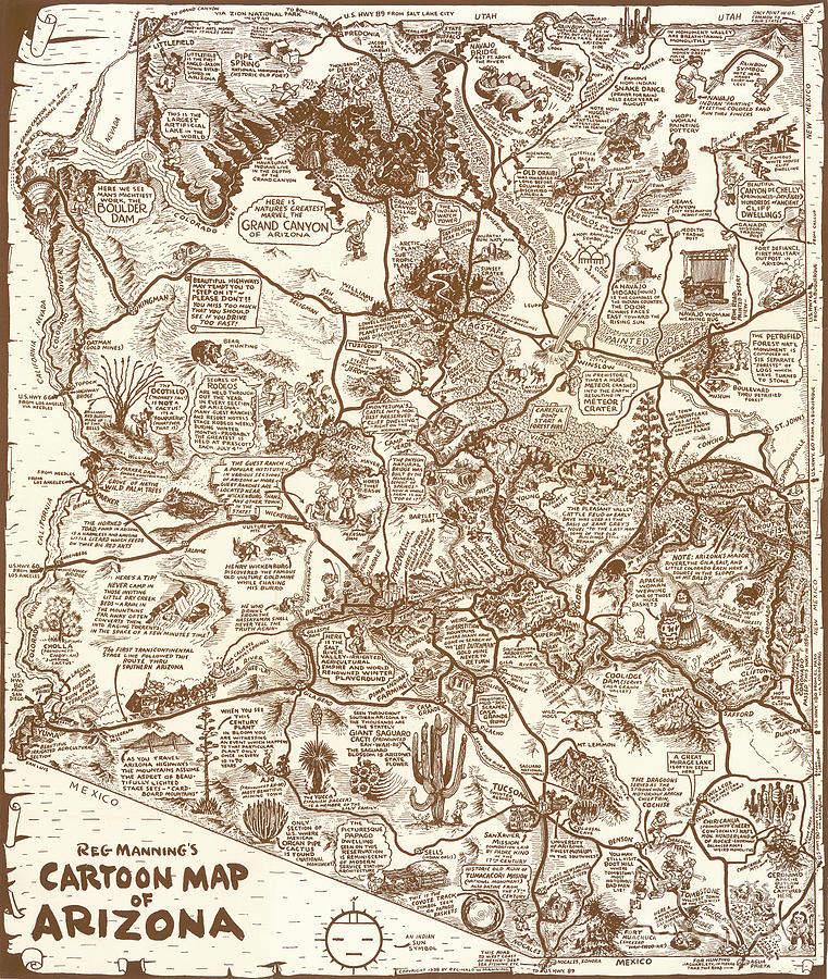 Reg Manning's Cartoon Map of Arizona - 1938 Digital Art by Vintage Map ...