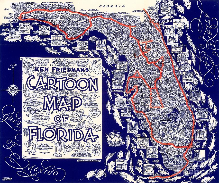 Ken Friedmans Cartoon Map of Florida - 1938 Digital Art by Vintage Map