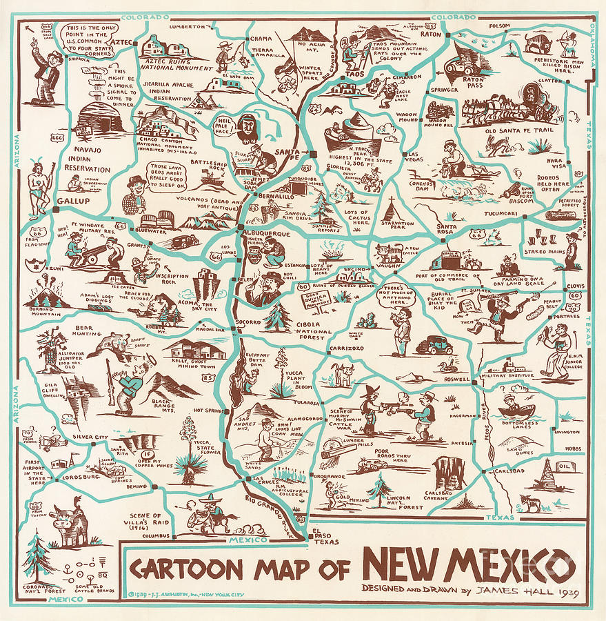 New Mexico Map Digital Art - James Hall - Cartoon Map of New Mexico - 1939 by Vintage Map
