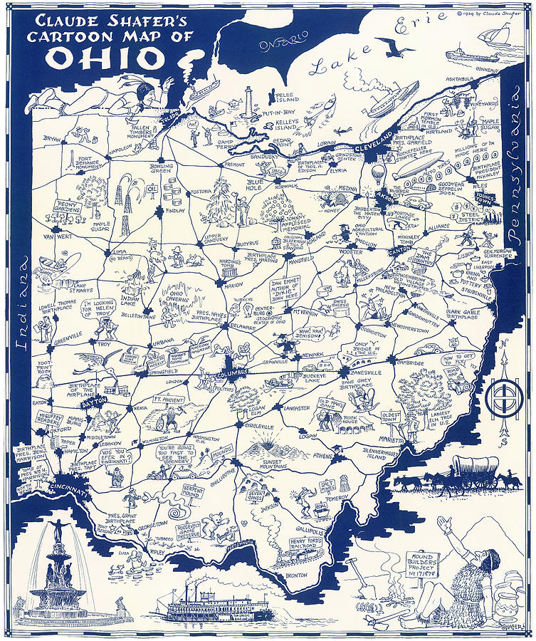 Claude Shafers Cartoon Map of Ohio - 1939 Digital Art by Vintage Map