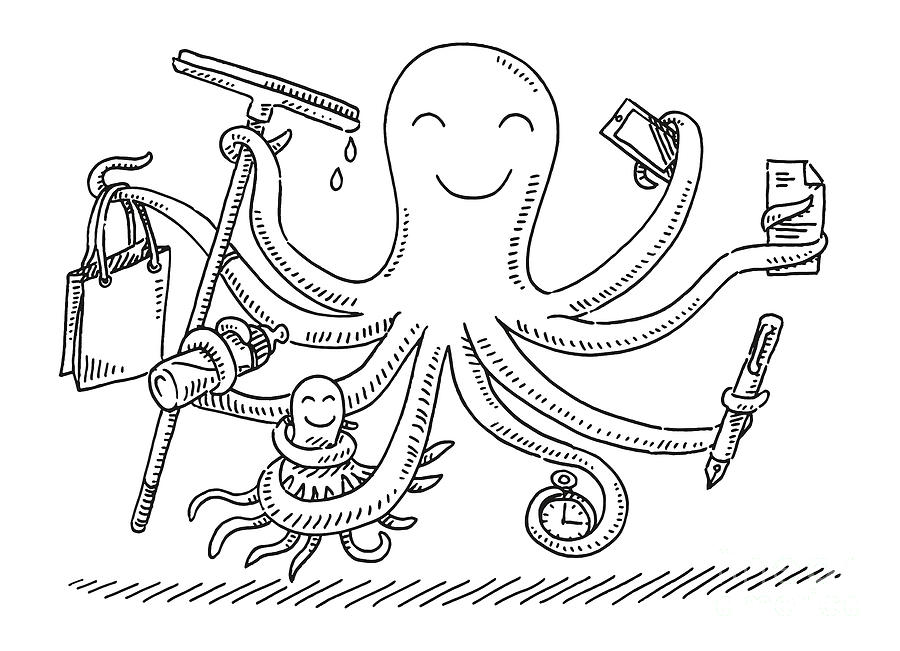 Sketch Drawing - Cartoon Octopus Multitasking Concept Drawing by Frank Ramspott