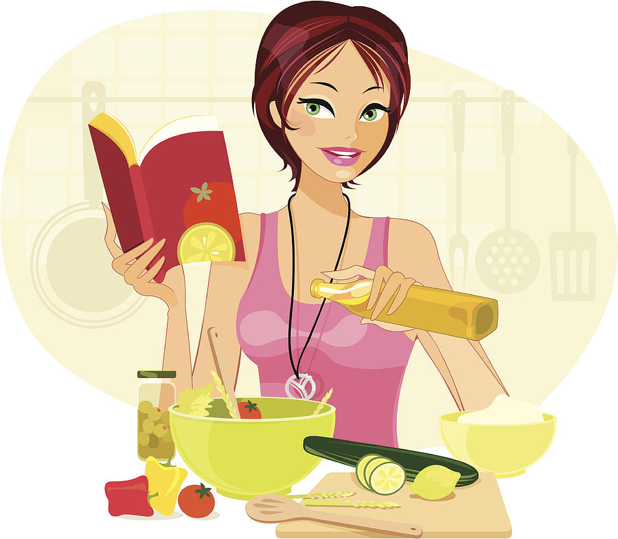 Cartoon of young woman making salad Drawing by NilouferWadia