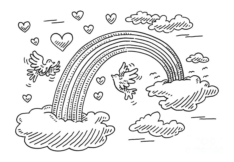 Cartoon Rainbow And Peace Doves Drawing Drawing by Frank Ramspott