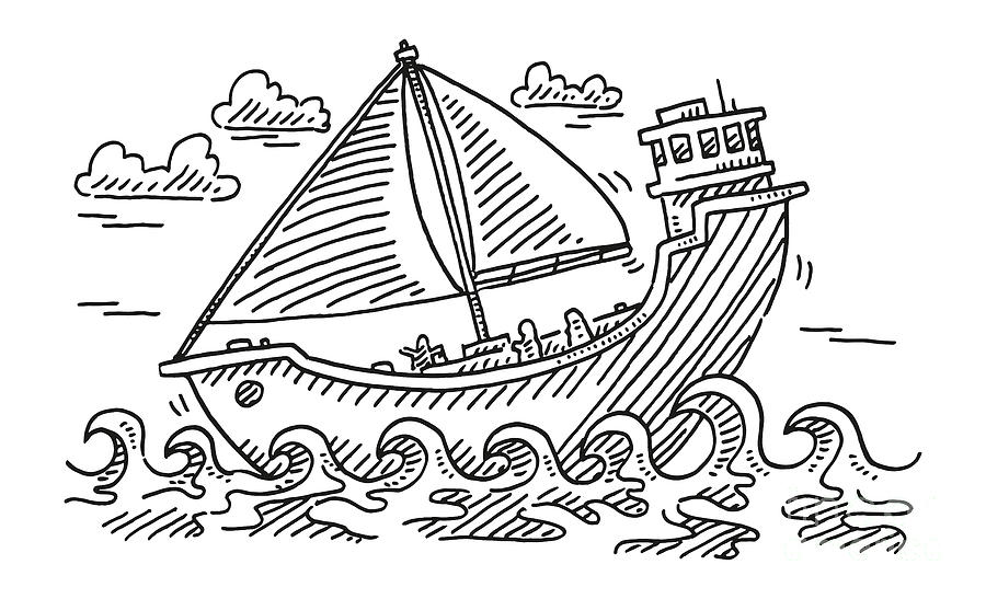 Cartoon Sailboat At Sea Drawing Drawing by Frank Ramspott - Fine Art America