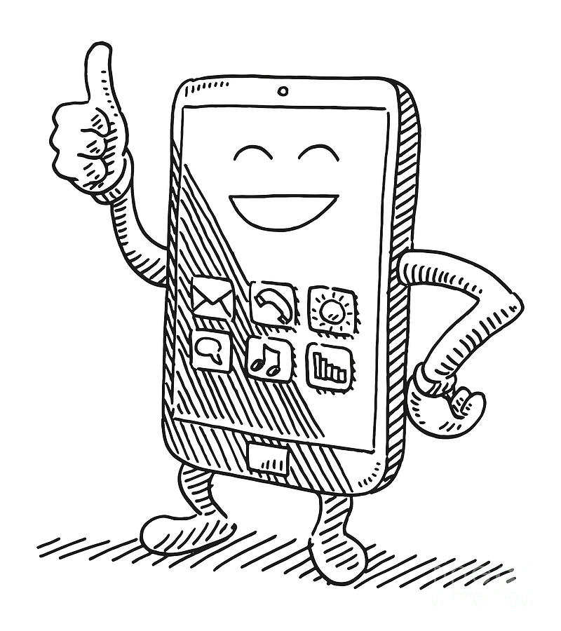 Cartoon Smart Phone Thumbs Up Drawing Drawing by Frank Ramspott - Fine ...