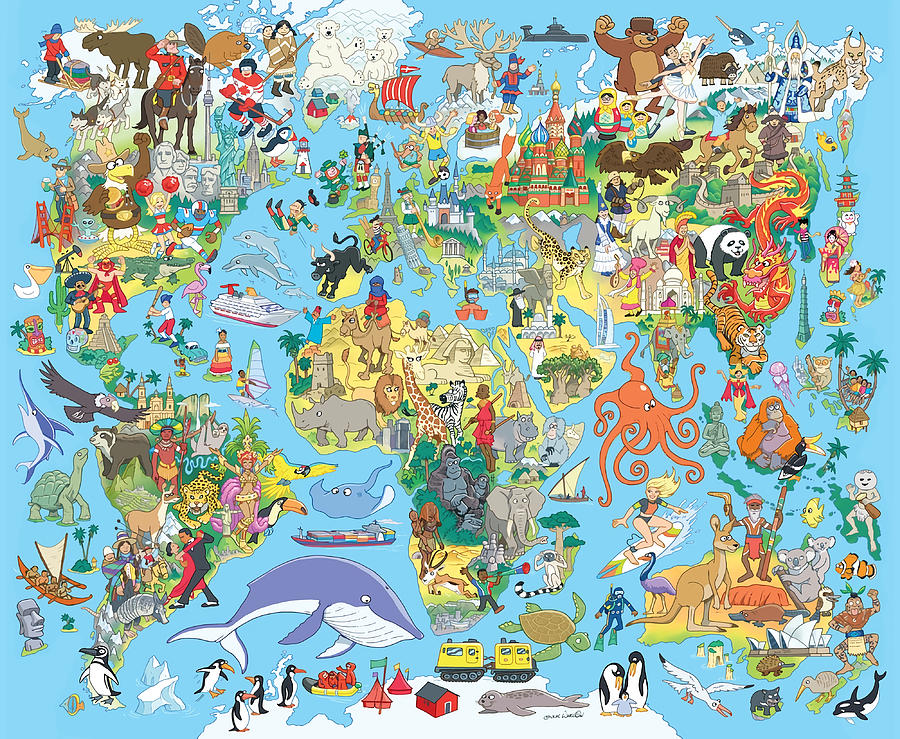 Cartoon World Map Poster trending Painting by Harley Pete | Fine Art ...
