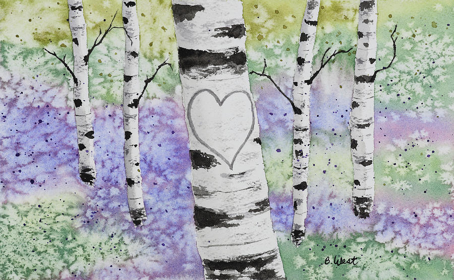 Carved Heart on Birch Tree Painting by Barbara West