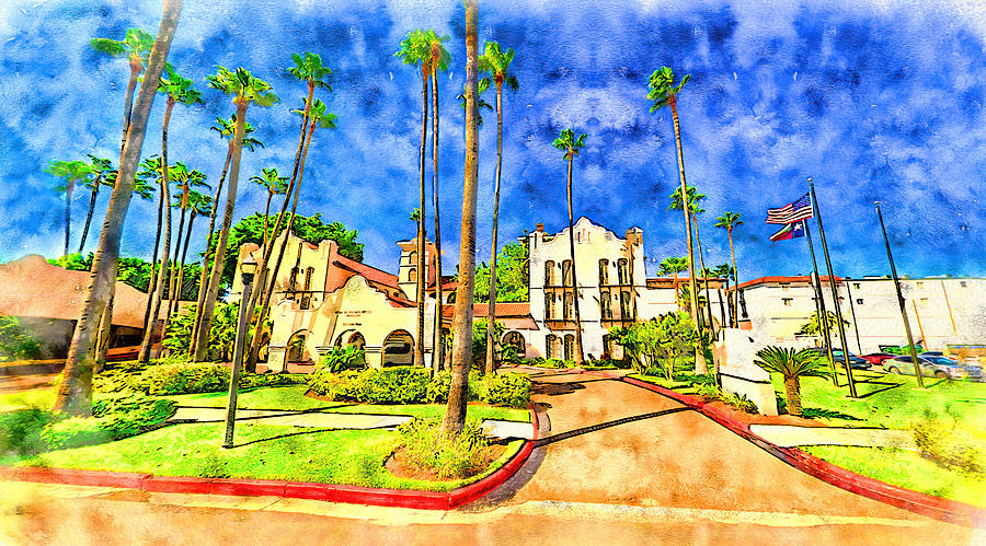 Casa de Palmas Hotel in McAllen, Texas - pen and watercolor Digital Art by Nicko Prints