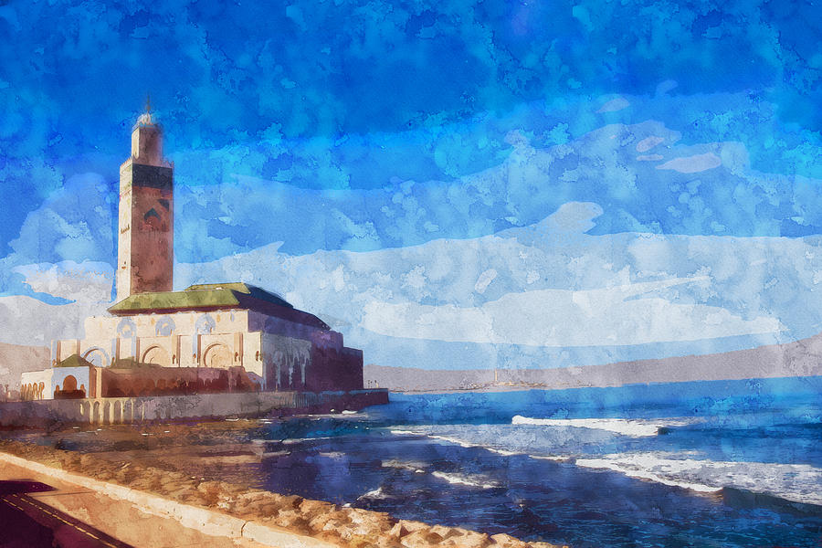 Casablanca Mosque Sea Morocco Painting