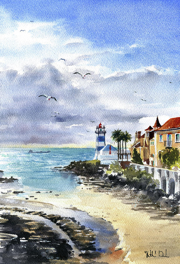 Cascais Lighthouse At Low Tide Painting by Dora Hathazi Mendes