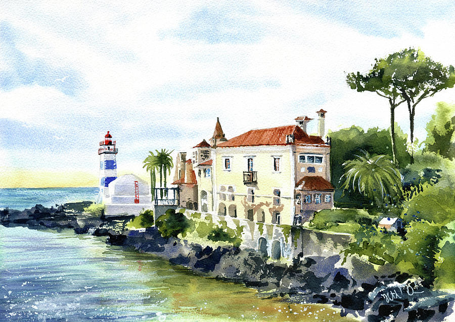 Cascais Lighthouse With Casa Da Santa Maria Painting Painting by Dora Hathazi Mendes