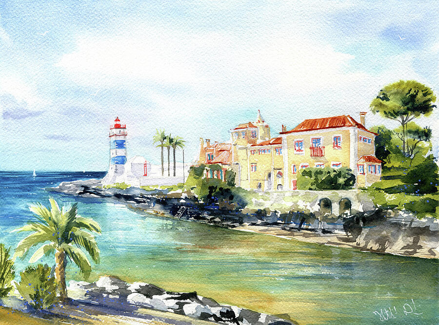 Cascais Portugal Santa Marta Lighthouse Painting Painting by Dora Hathazi Mendes Cascais Portugal Santa Marta Lighthouse Painting Painting by Dora Hathazi Mendes