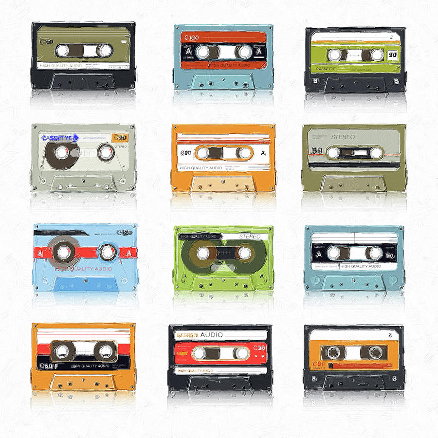 Retro Cassettes Audio Tapes Vintage Retro Music Record Painting Painting by Tony Rubino