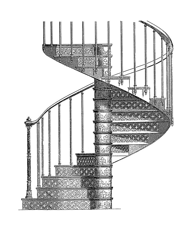 Cast Iron Spiral Staircase | Antique Architectural Illustrations Drawing by NSA Digital Archive